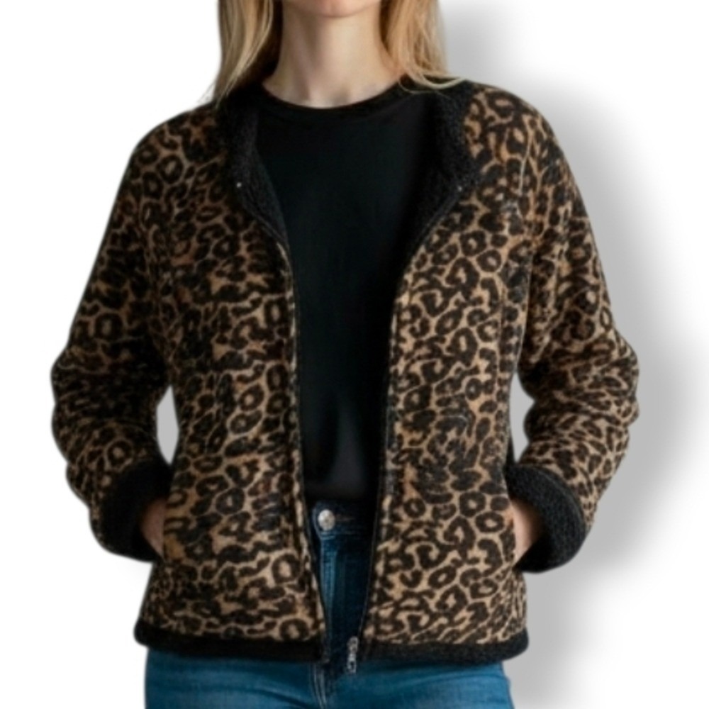 Faded Glory Fleece Jacket Women L Brown Leopard Print Good Sherpa Lined Zip Up